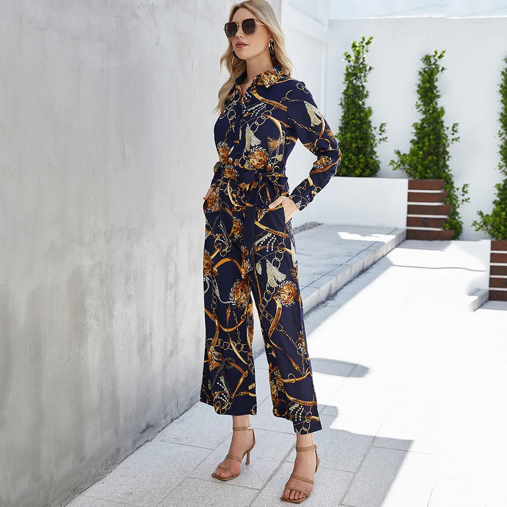 2022 Autumn Wide Leg Printed Shirt Style Jumpsuit
