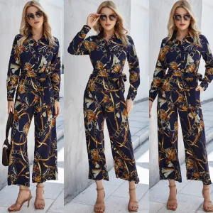 2022 Autumn Wide Leg Printed Shirt Style Jumpsuit