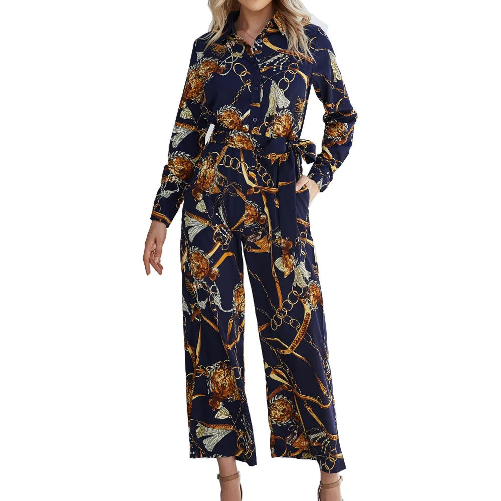 2022 Autumn Wide Leg Printed Shirt Style Jumpsuit