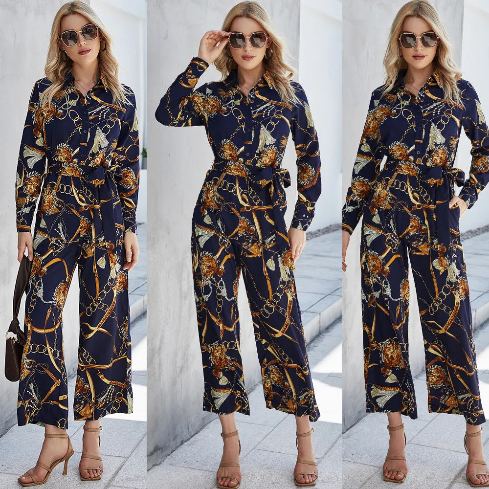 2022 Autumn Wide Leg Printed Shirt Style Jumpsuit