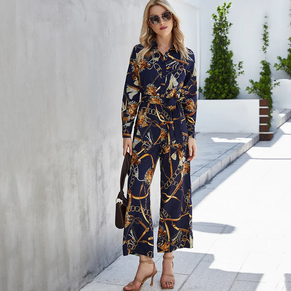 2022 Autumn Wide Leg Printed Shirt Style Jumpsuit