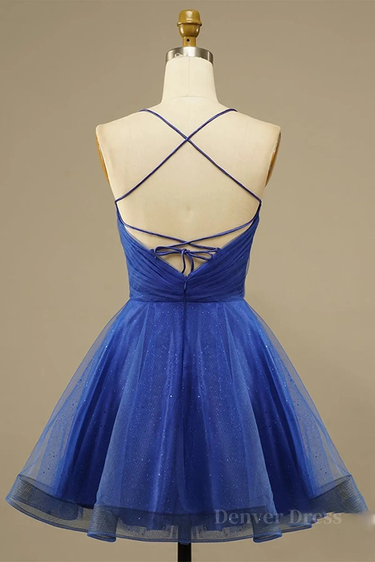 A Line V Neck Backless Blue Tulle Prom Dress Backless Blue Homecoming Dress Short Blue Formal Evening Dress