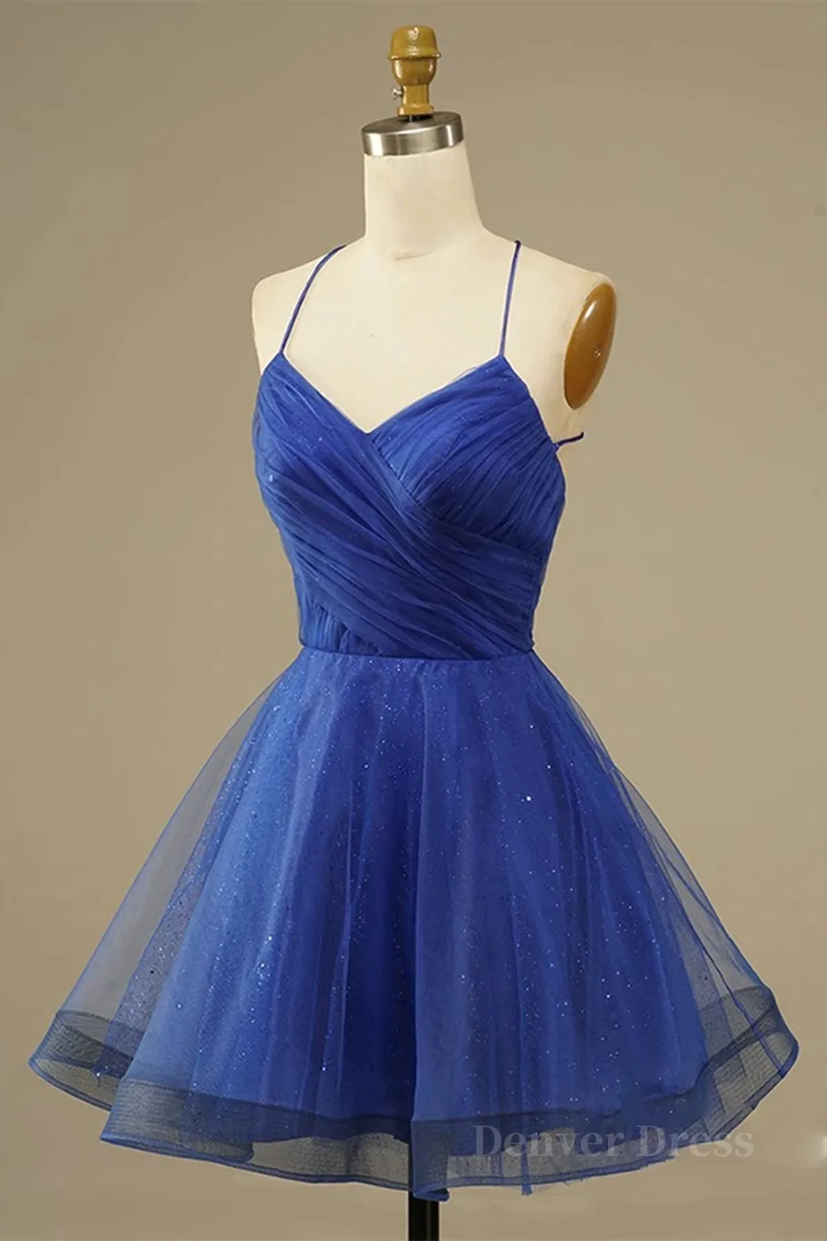 A Line V Neck Backless Blue Tulle Prom Dress Backless Blue Homecoming Dress Short Blue Formal Evening Dress