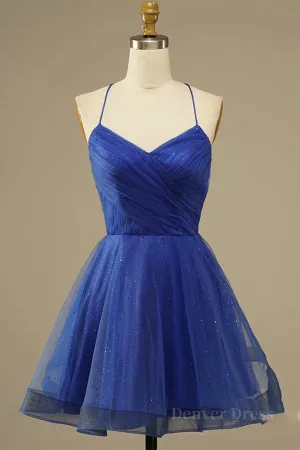 A Line V Neck Backless Blue Tulle Prom Dress Backless Blue Homecoming Dress Short Blue Formal Evening Dress