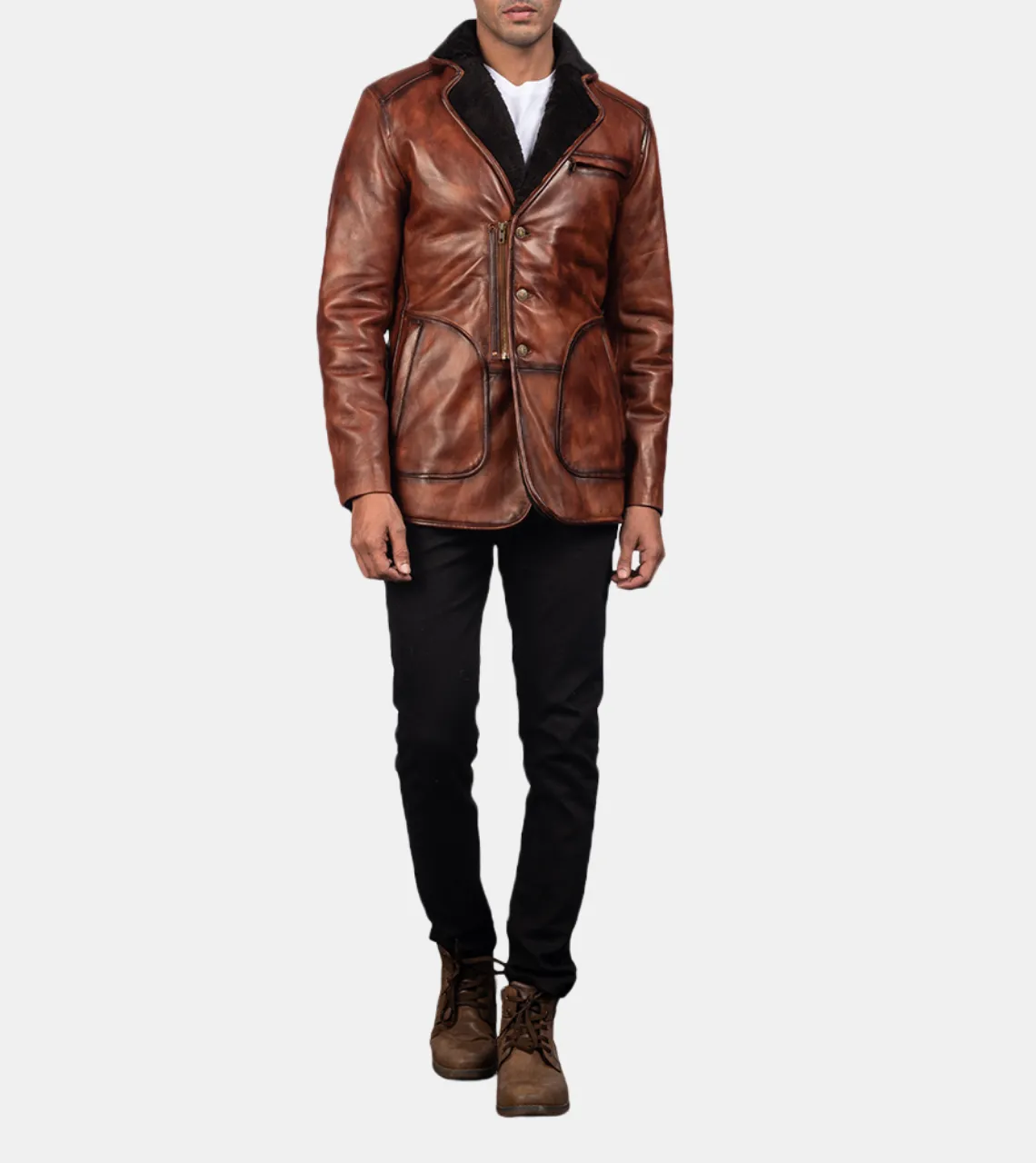 Adonis Men's Brown Waxed Sherpa Leather Coat