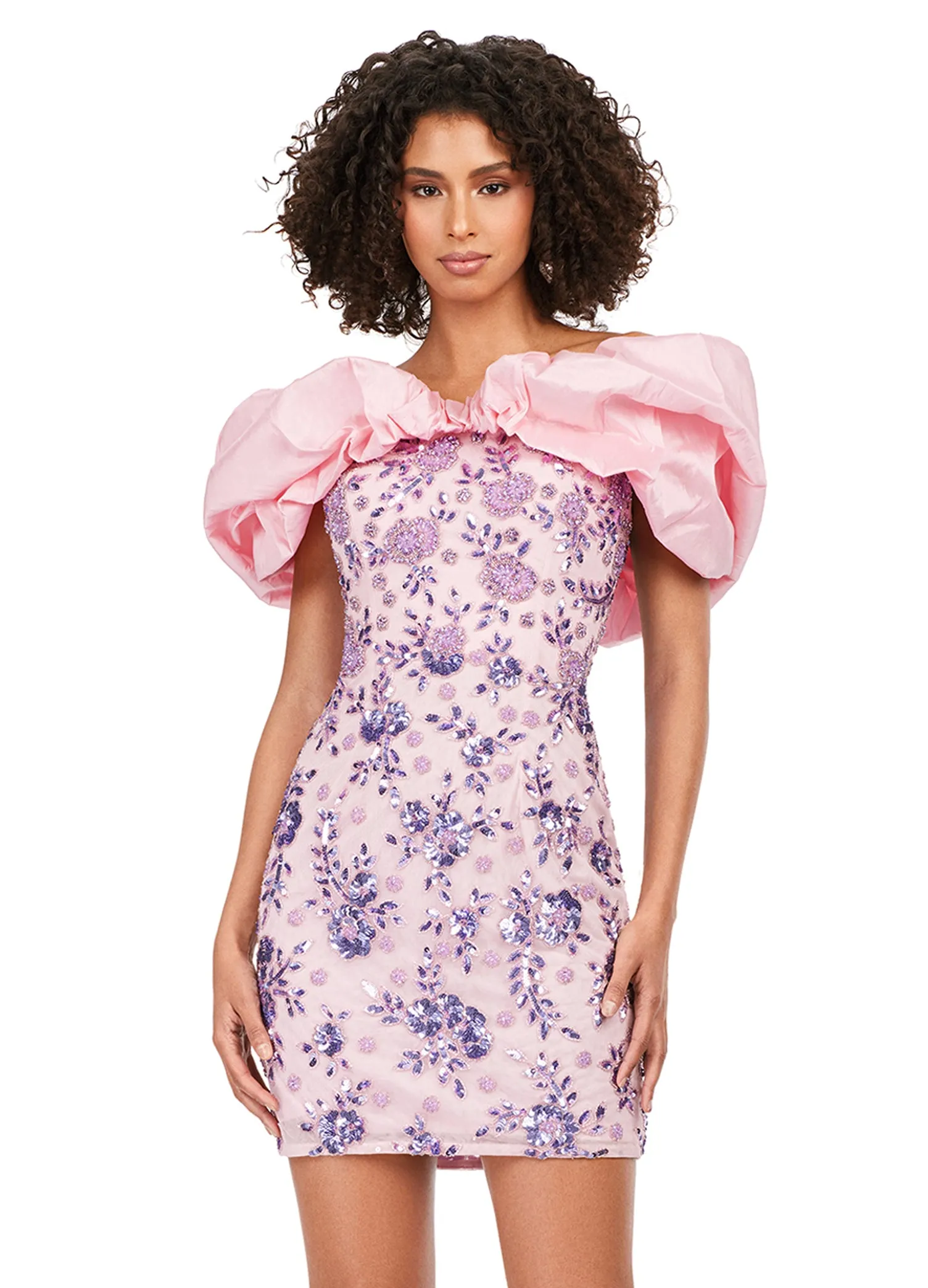 Ashley Lauren 4613 Oversized Ruffle Off The Shoulder Beaded Fitted Sequin Design Cocktail Homecoming Dress