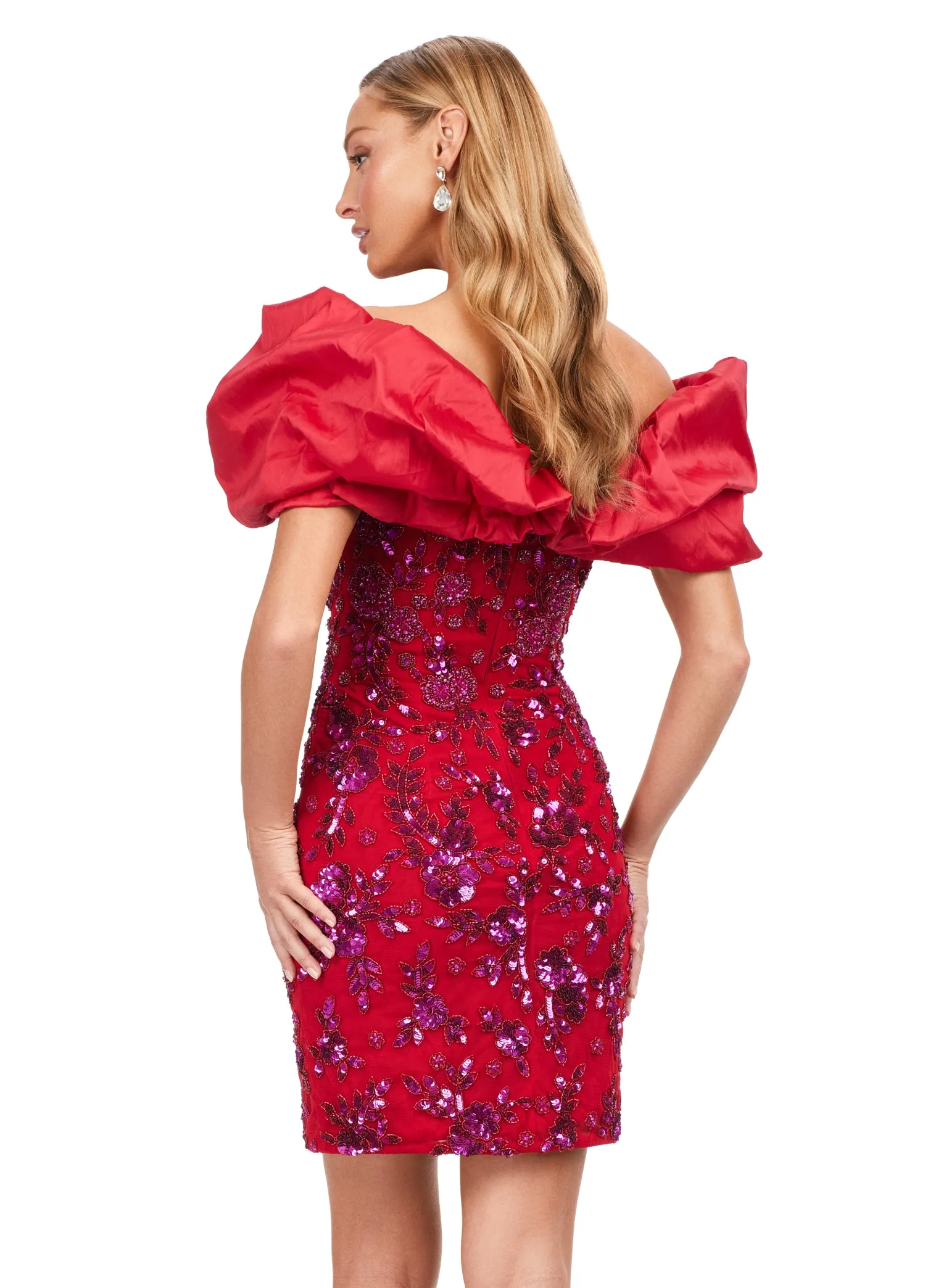 Ashley Lauren 4613 Oversized Ruffle Off The Shoulder Beaded Fitted Sequin Design Cocktail Homecoming Dress