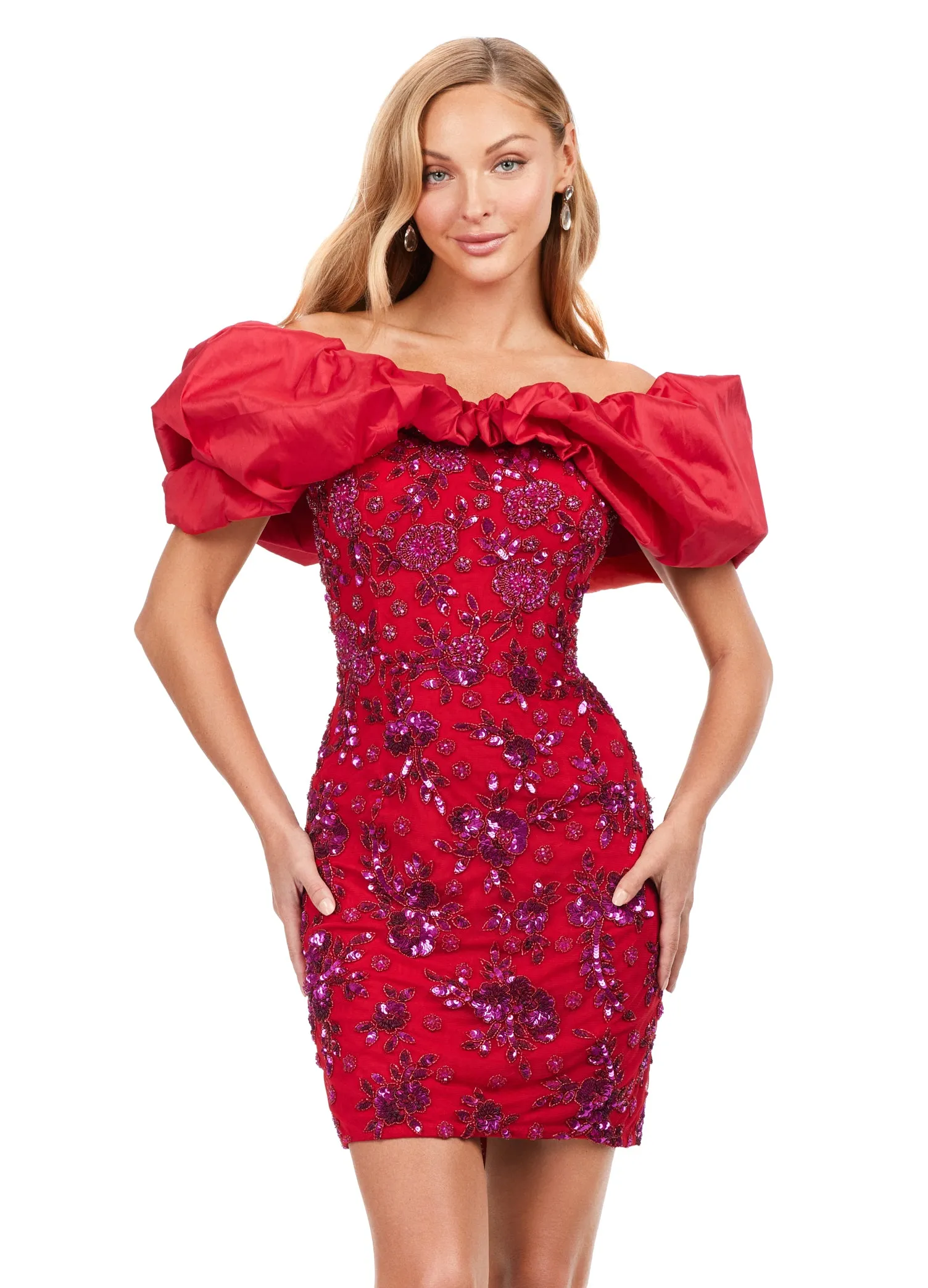 Ashley Lauren 4613 Oversized Ruffle Off The Shoulder Beaded Fitted Sequin Design Cocktail Homecoming Dress