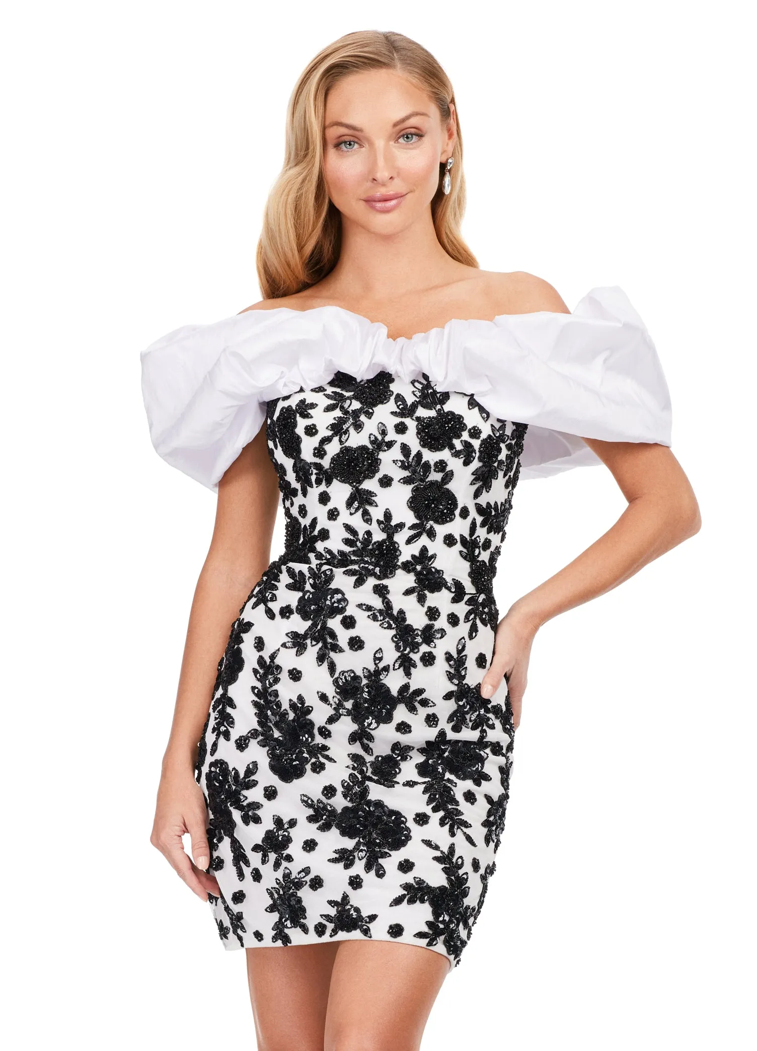 Ashley Lauren 4613 Oversized Ruffle Off The Shoulder Beaded Fitted Sequin Design Cocktail Homecoming Dress
