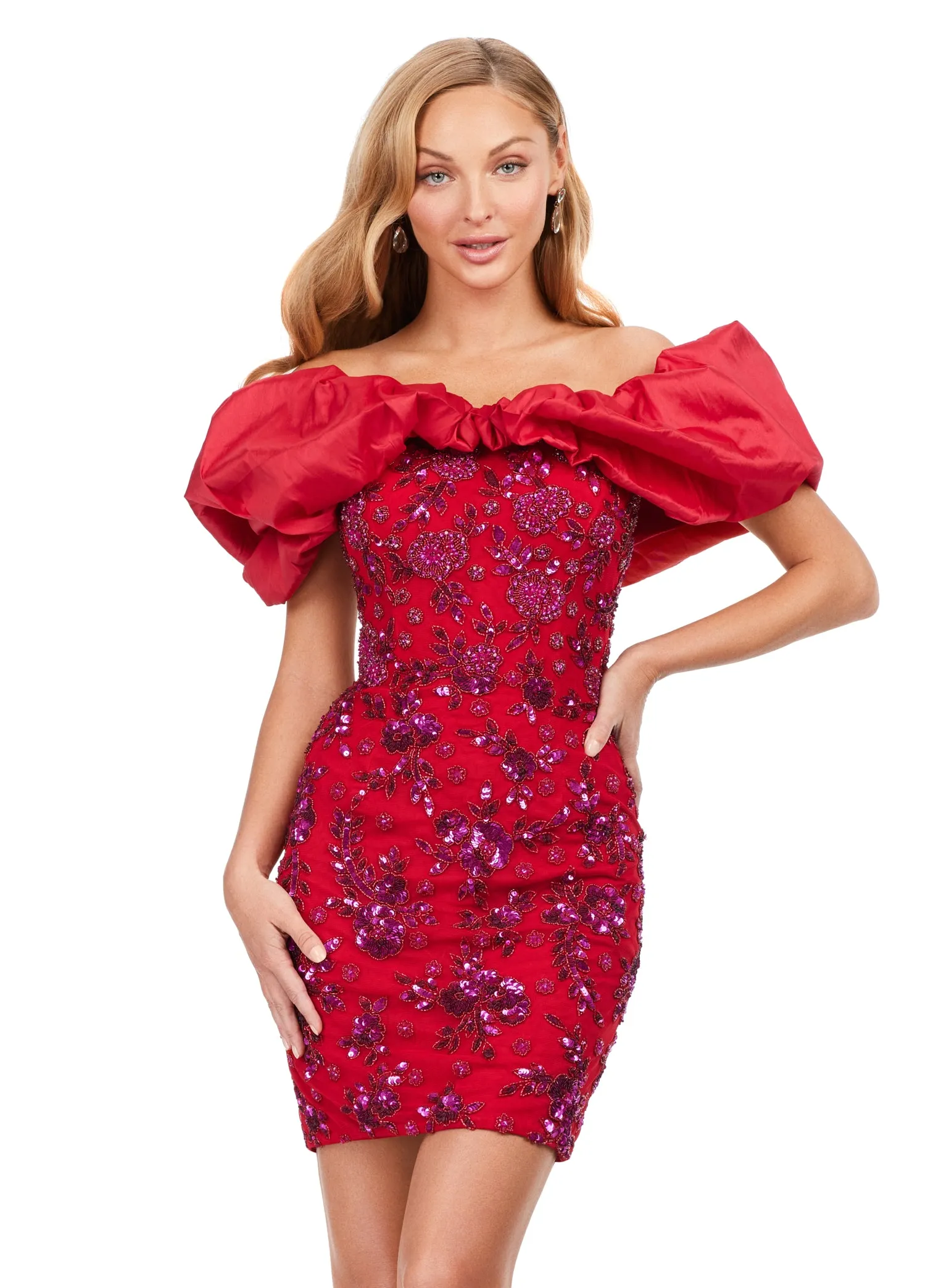 Ashley Lauren 4613 Oversized Ruffle Off The Shoulder Beaded Fitted Sequin Design Cocktail Homecoming Dress