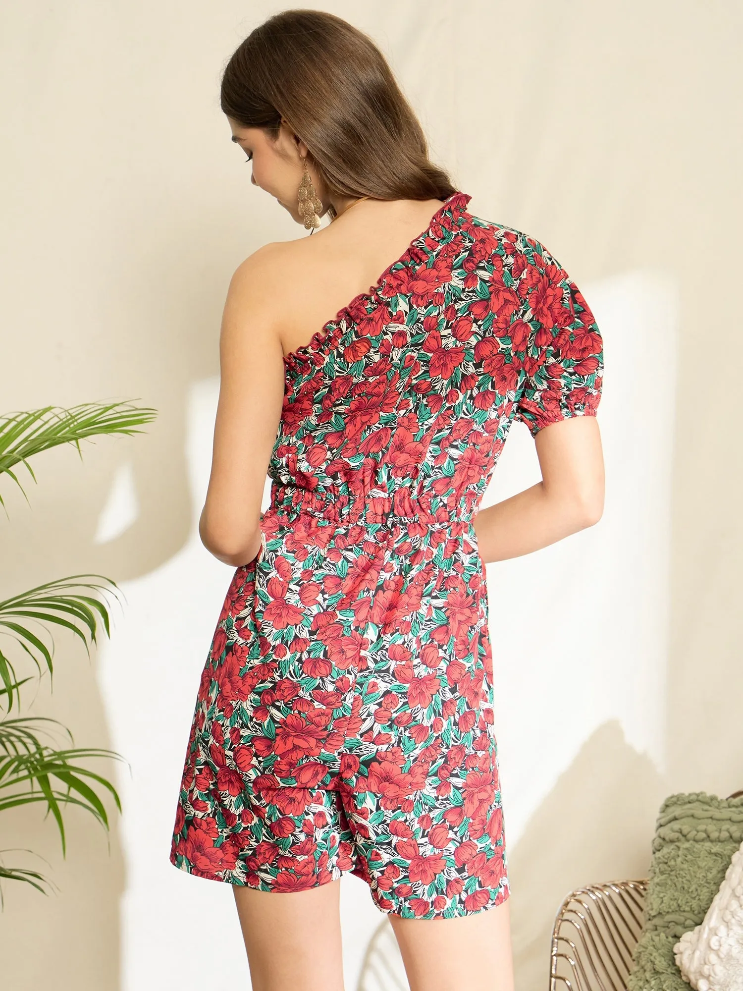 Berrylush Women Red Floral Print One Shoulder Short Sleeve Romper Jumpsuit