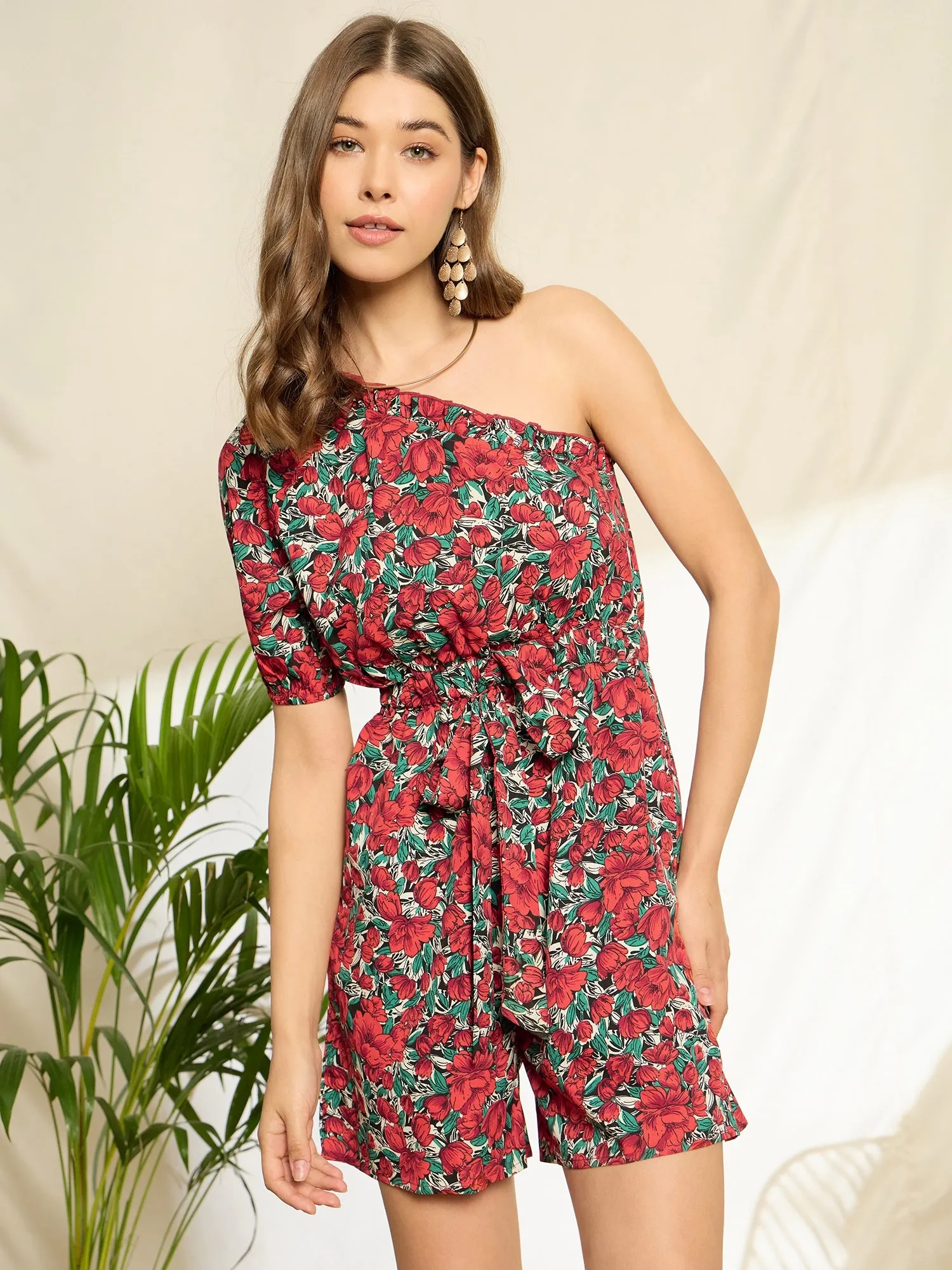 Berrylush Women Red Floral Print One Shoulder Short Sleeve Romper Jumpsuit