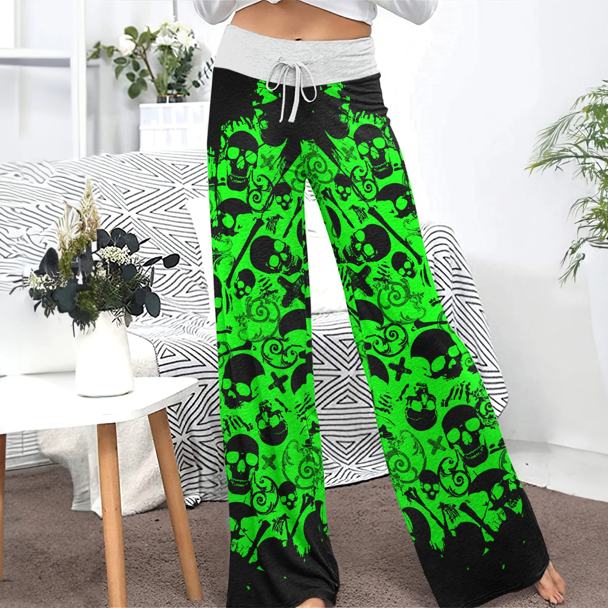 Black Green Skull Pattern Women's High-waisted Wide Leg Pants