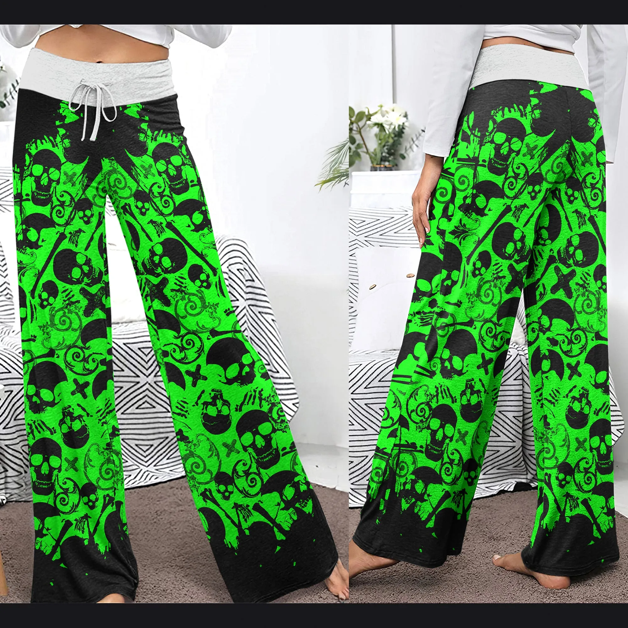 Black Green Skull Pattern Women's High-waisted Wide Leg Pants