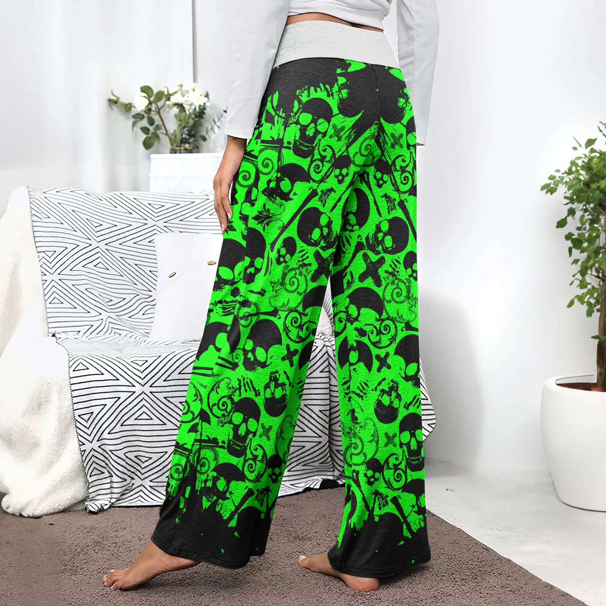Black Green Skull Pattern Women's High-waisted Wide Leg Pants