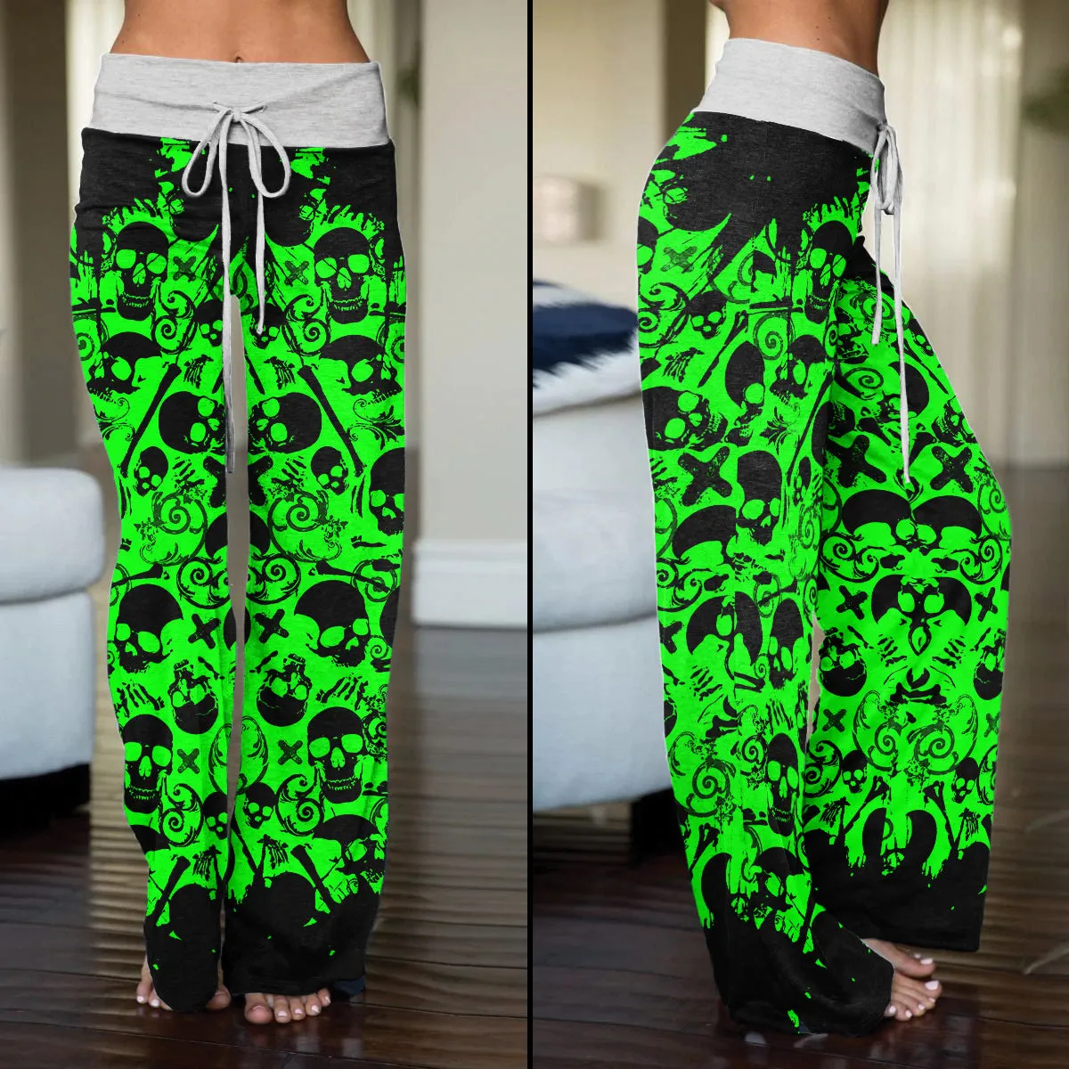 Black Green Skull Pattern Women's High-waisted Wide Leg Pants