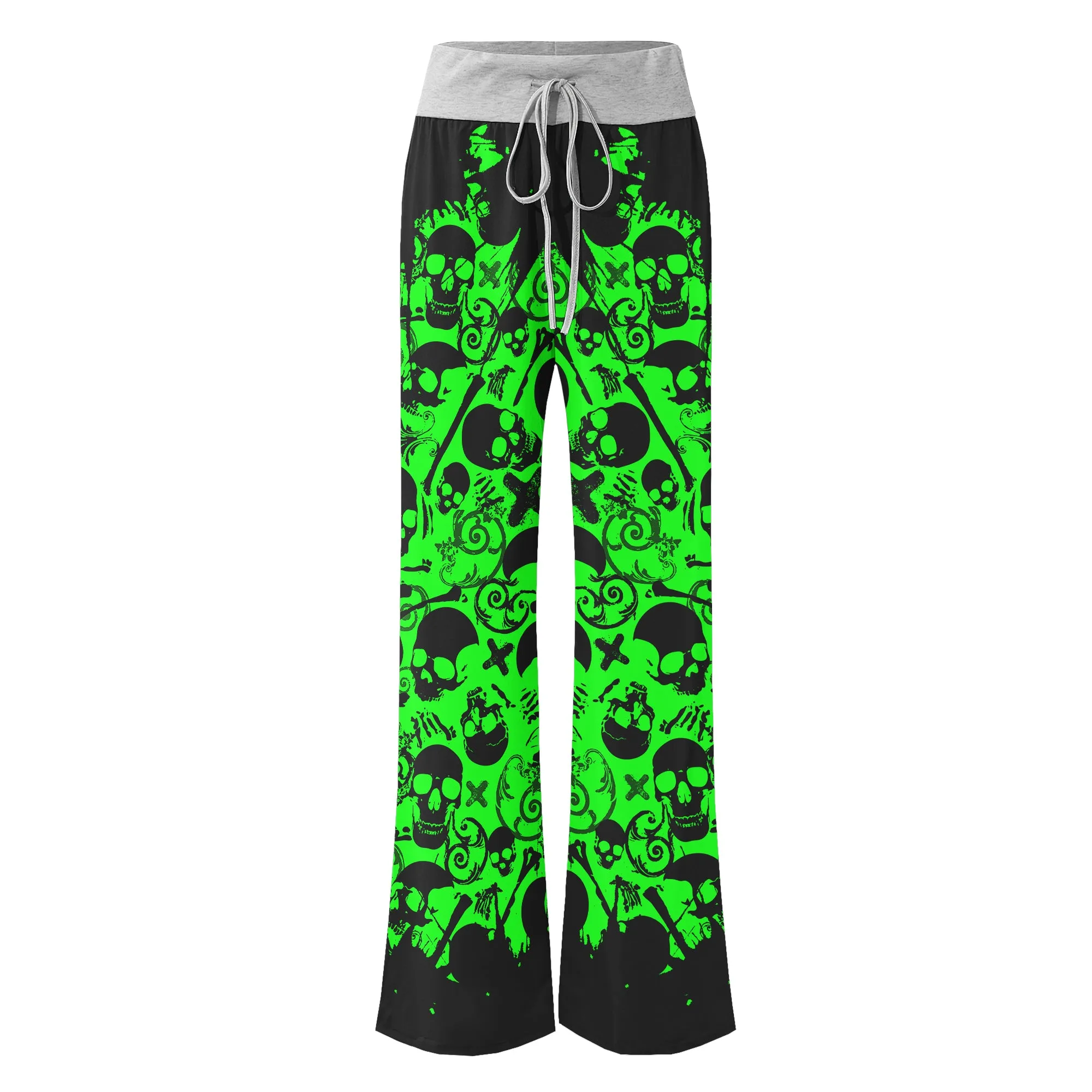 Black Green Skull Pattern Women's High-waisted Wide Leg Pants
