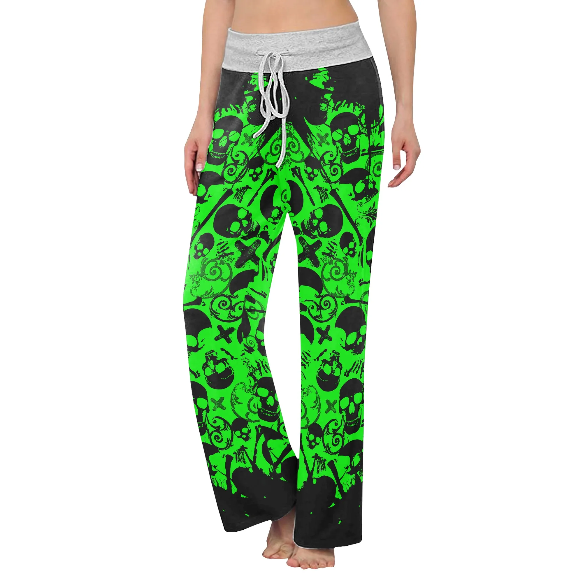 Black Green Skull Pattern Women's High-waisted Wide Leg Pants
