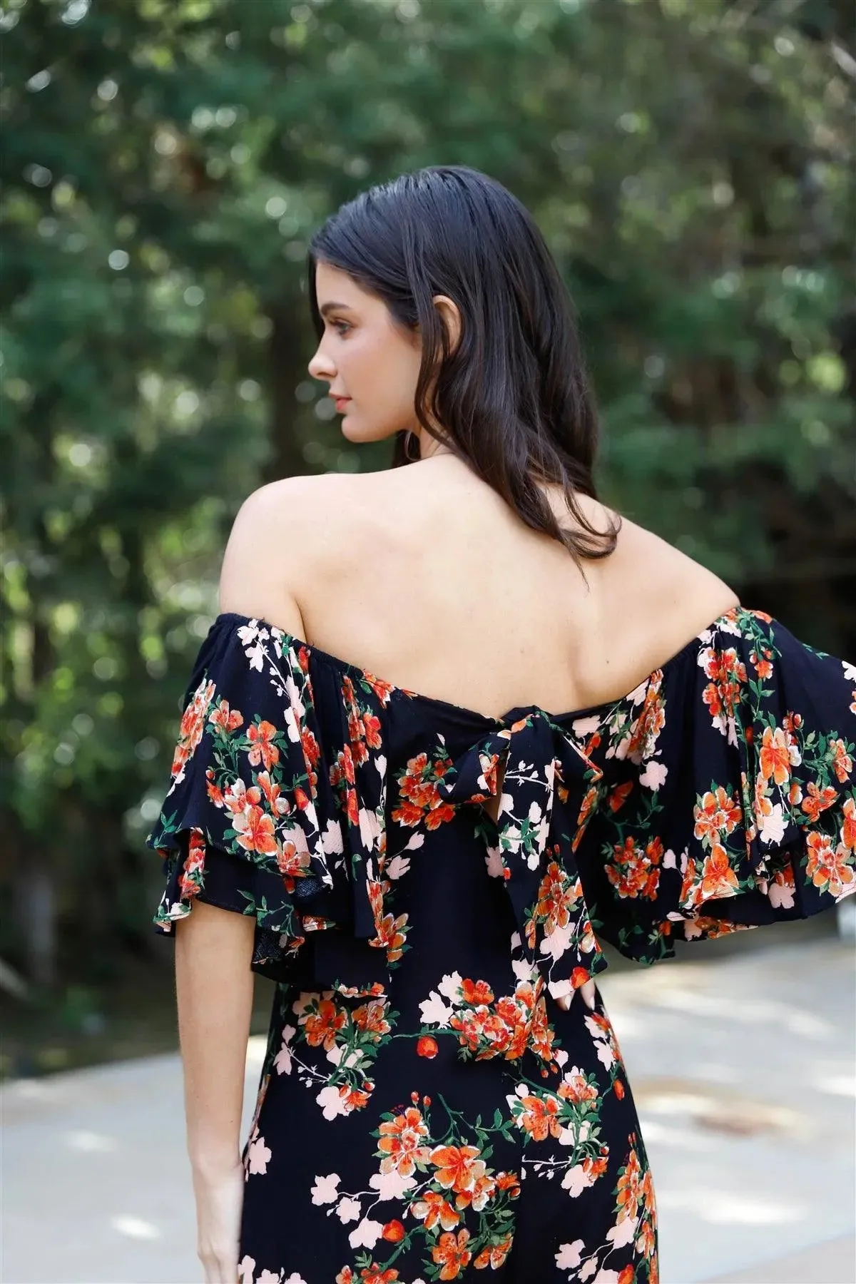 Black Multi Color Floral Print Off-The-Shoulder Flare Sleeve Back Tie Detail Wide Leg Jumpsuit /2-2-1