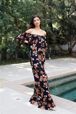 Black Multi Color Floral Print Off-The-Shoulder Flare Sleeve Back Tie Detail Wide Leg Jumpsuit /2-2-1