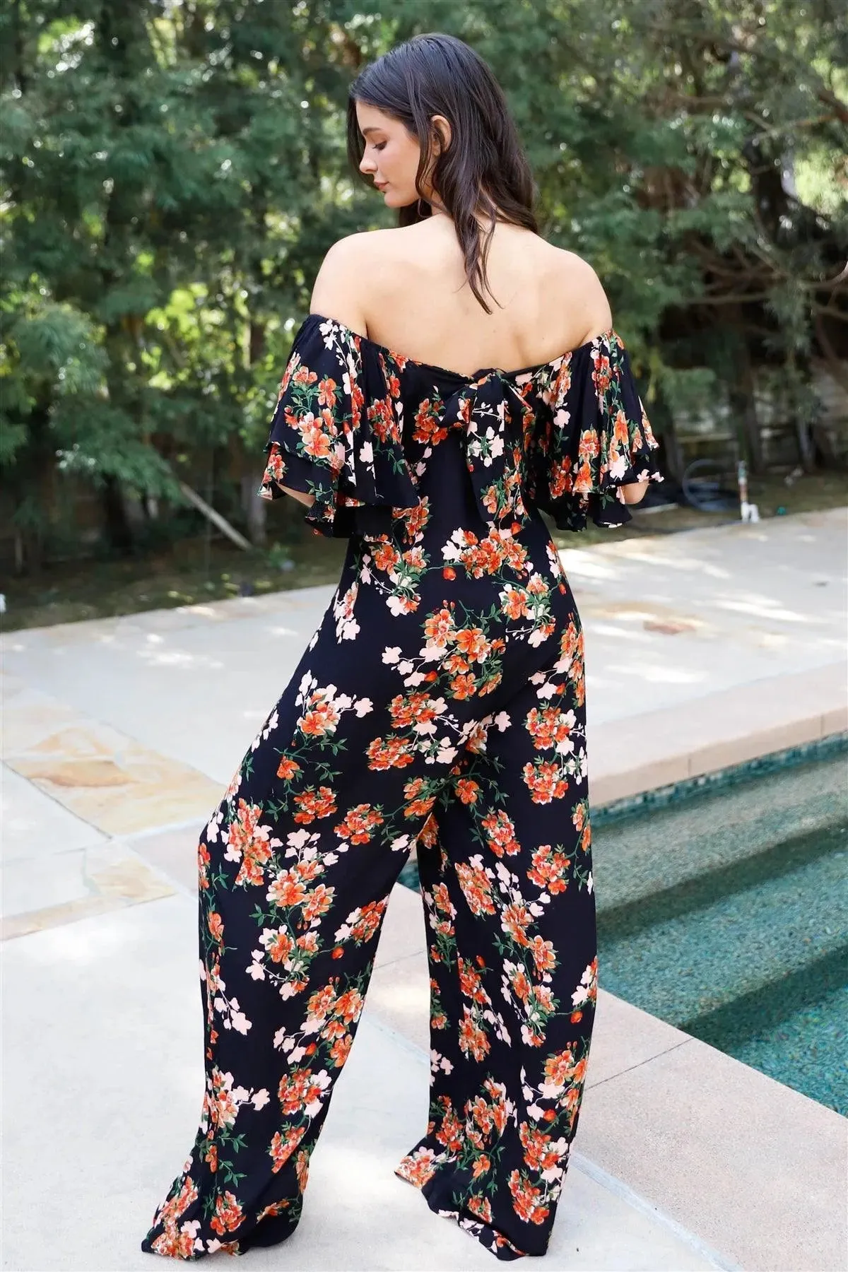 Black Multi Color Floral Print Off-The-Shoulder Flare Sleeve Back Tie Detail Wide Leg Jumpsuit /2-2-1