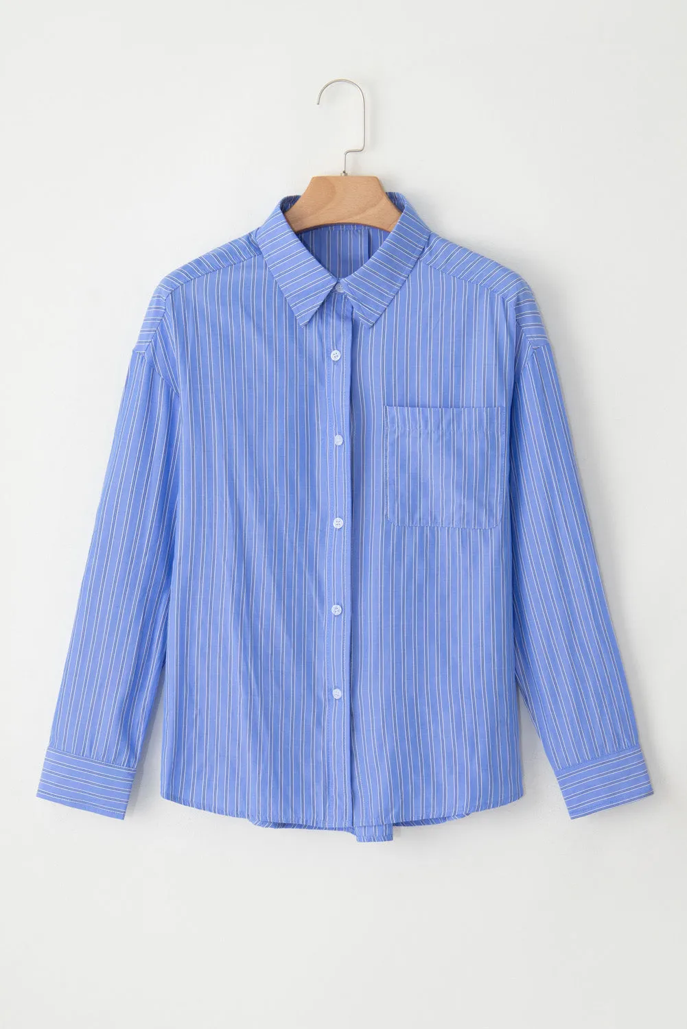 Blue Striped Long Sleeve Button Down Shirt for Women