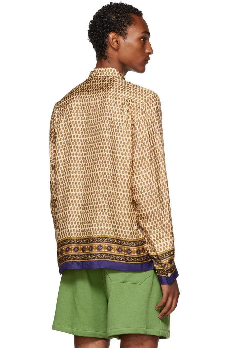 BODE Unisex Men's Beige Micro Fleur Gold MultiColor Silk Satin ButtonUp Unisex Top Shirt XS/S