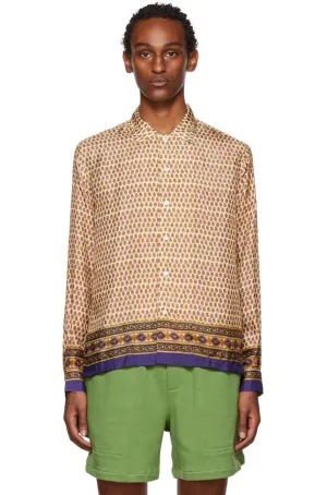 BODE Unisex Men's Beige Micro Fleur Gold MultiColor Silk Satin ButtonUp Unisex Top Shirt XS/S