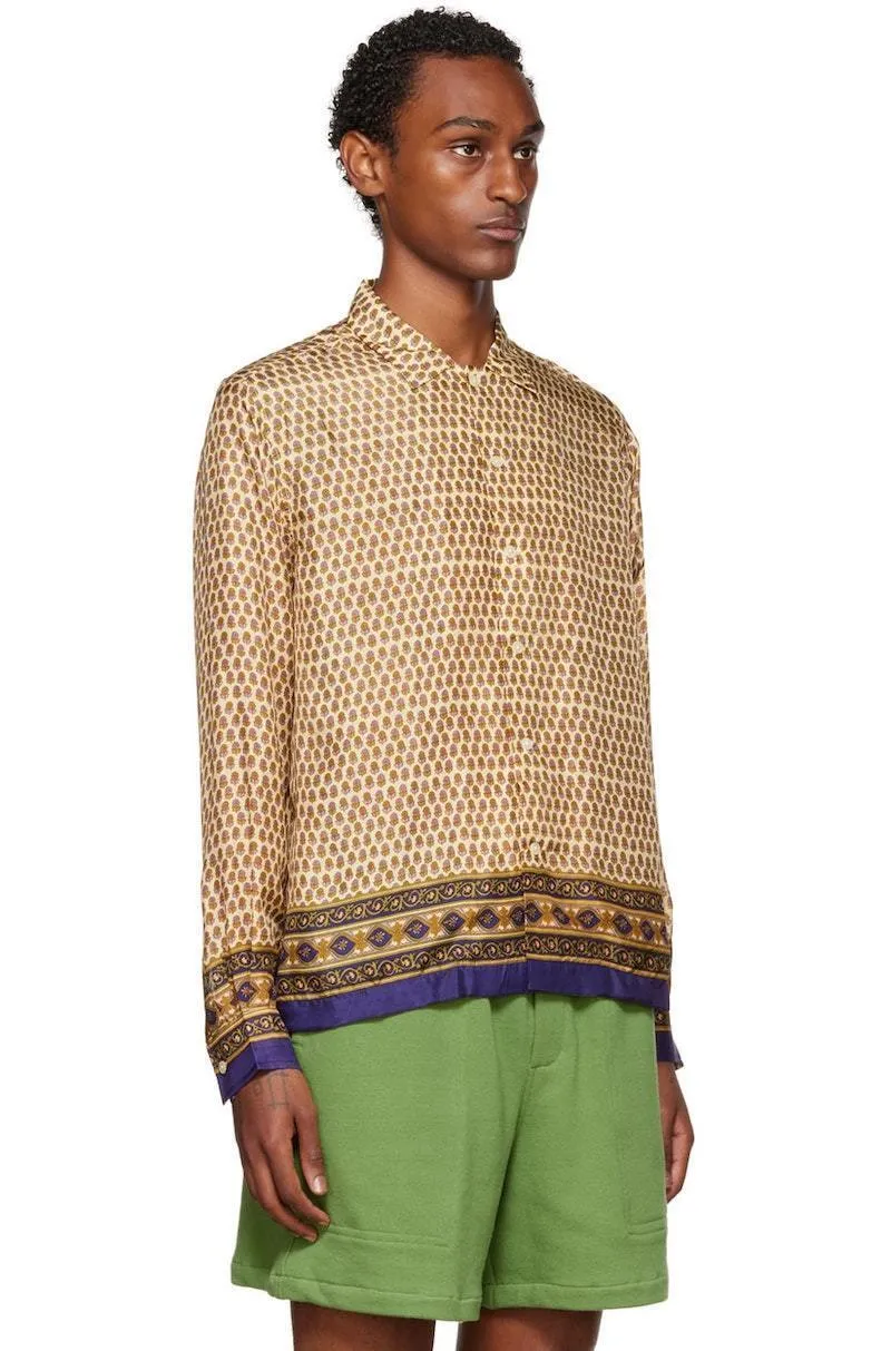 BODE Unisex Men's Beige Micro Fleur Gold MultiColor Silk Satin ButtonUp Unisex Top Shirt XS/S