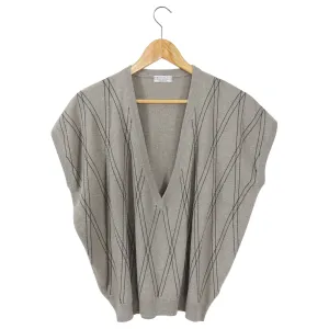 Brunello Cucinelli Taupe Cashmere BeadV-Neck Sweater Top - S / M