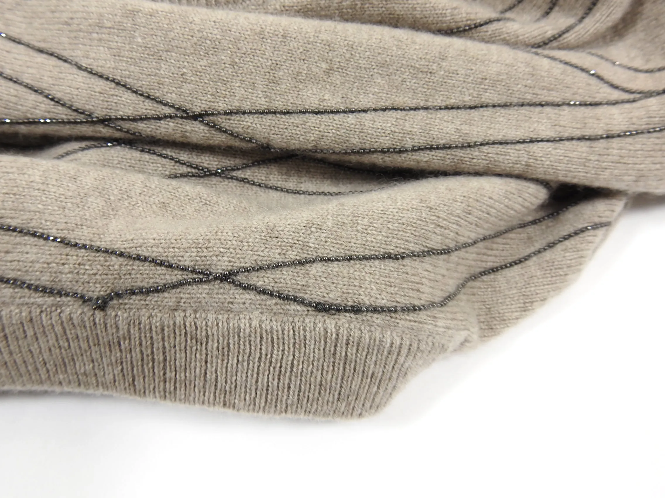 Brunello Cucinelli Taupe Cashmere BeadV-Neck Sweater Top - S / M