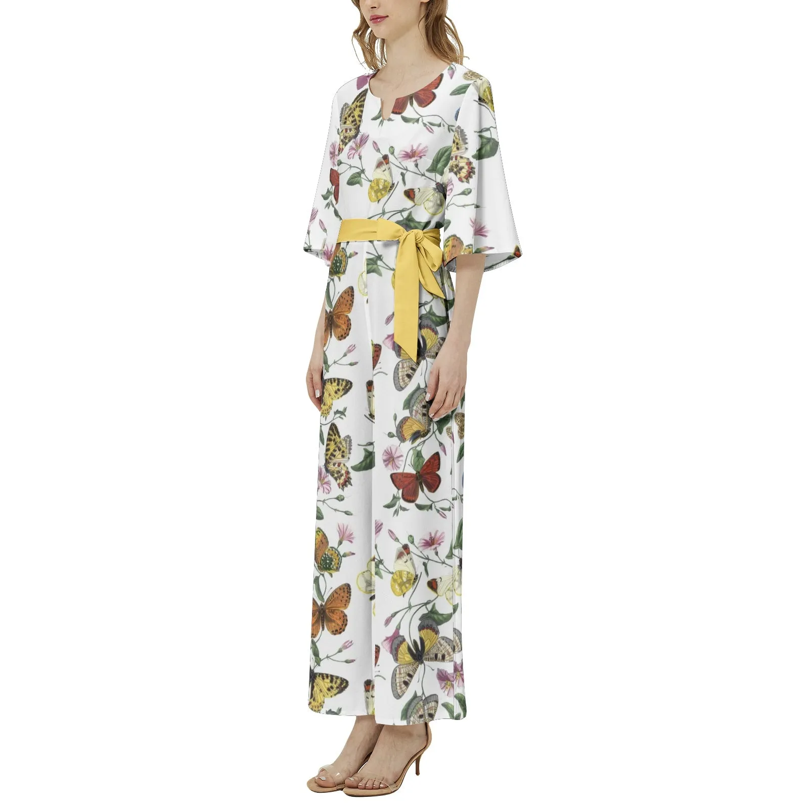 Butterfly Print Dolman Sleeve Belted Wide Leg Jumpsuit