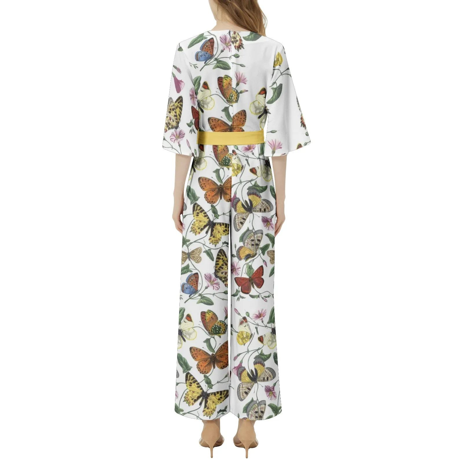 Butterfly Print Dolman Sleeve Belted Wide Leg Jumpsuit