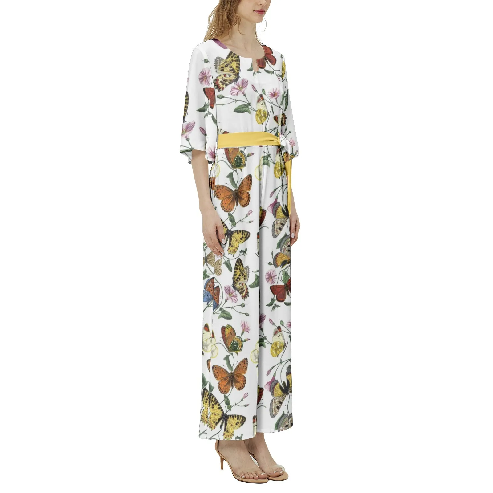 Butterfly Print Dolman Sleeve Belted Wide Leg Jumpsuit