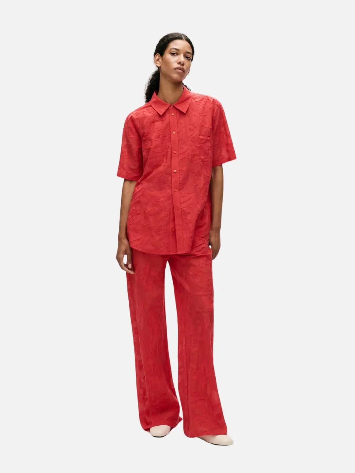 Clip Silk Short Sleeve Boyfriend Shirt - Geranium