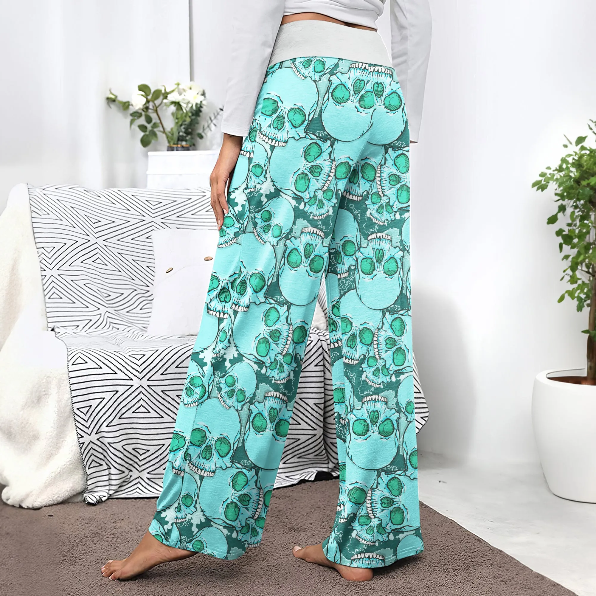 Cyan Baby Skull Women's High-waisted Wide Leg Pants