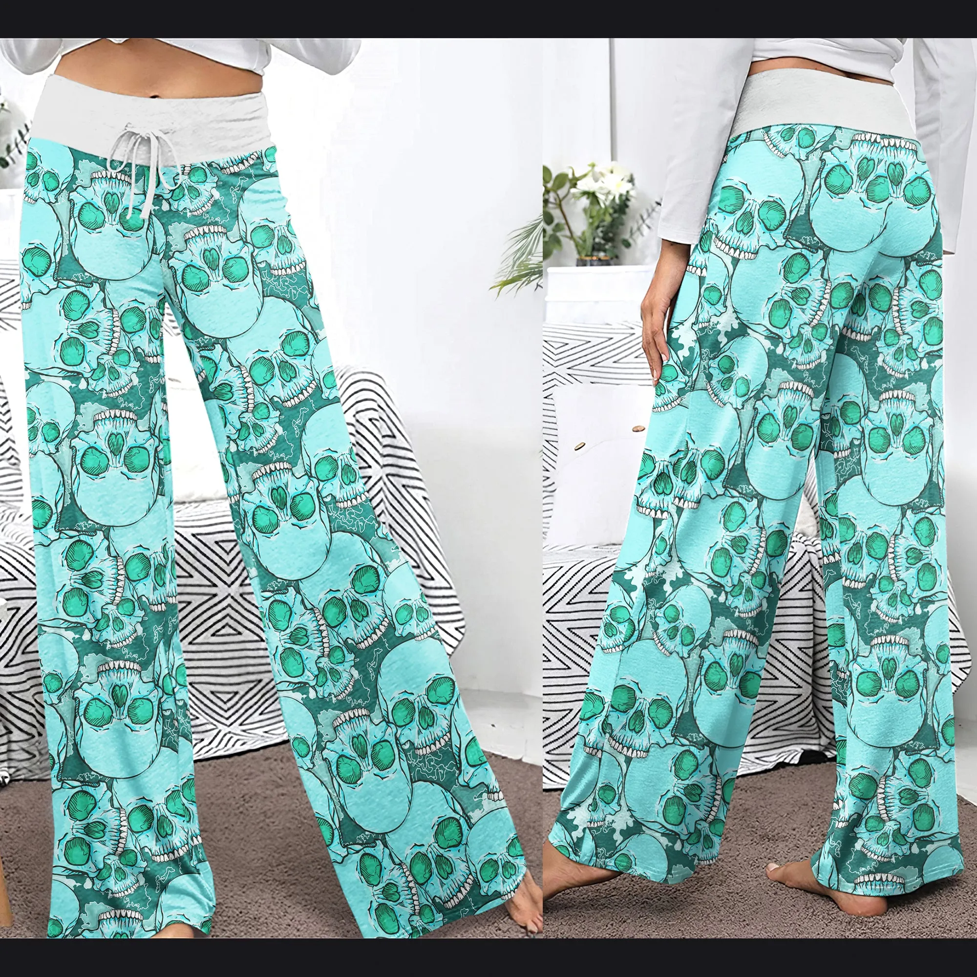 Cyan Baby Skull Women's High-waisted Wide Leg Pants