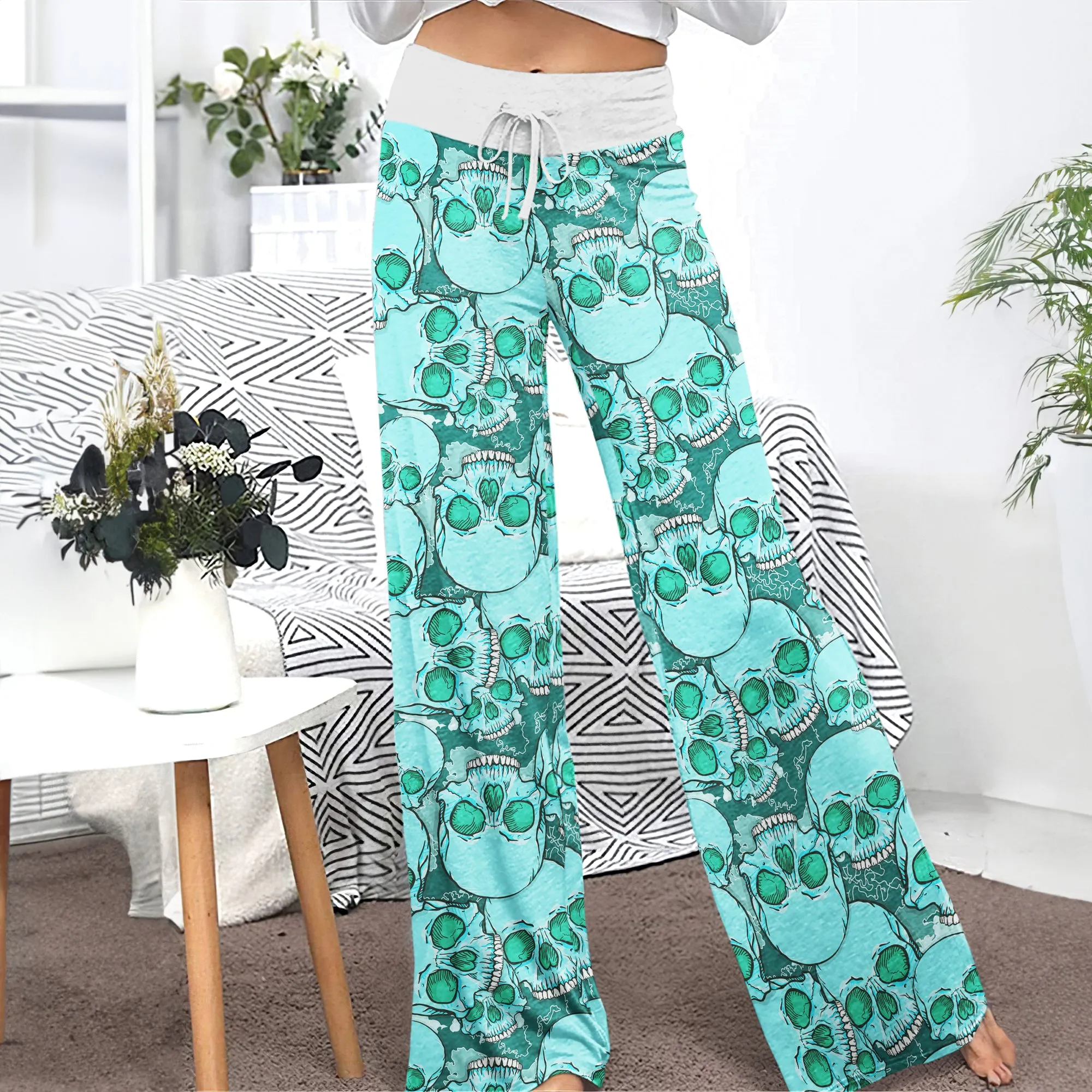 Cyan Baby Skull Women's High-waisted Wide Leg Pants