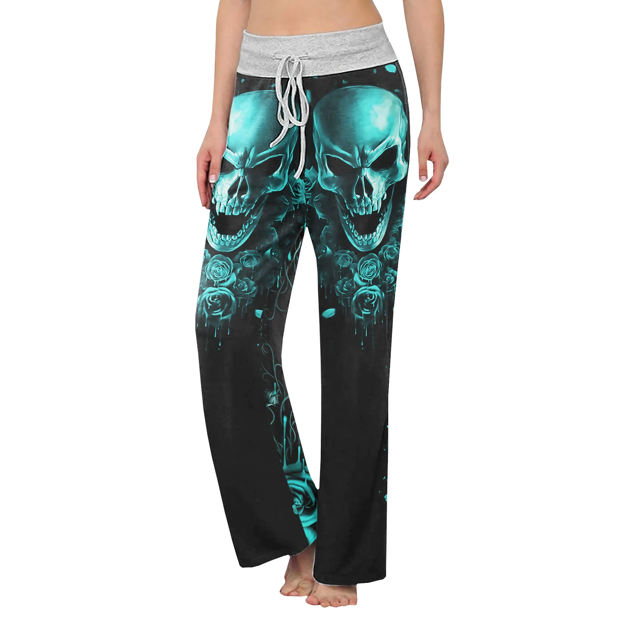 Cyan Skull Abstract Rose Women's High-waisted Wide Leg Pants