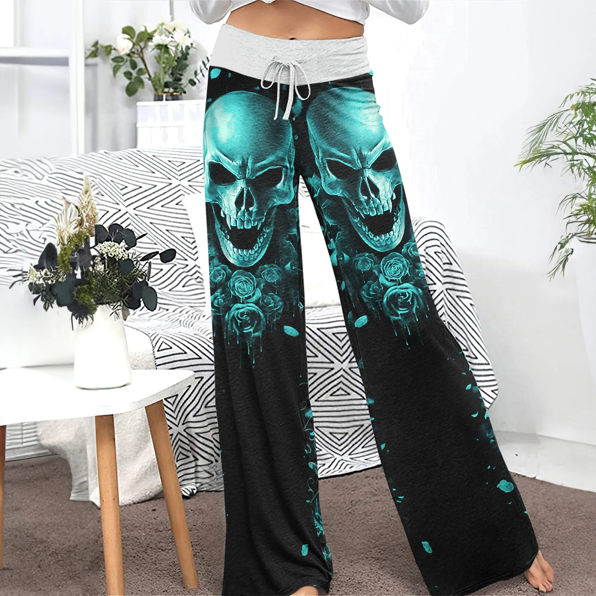 Cyan Skull Abstract Rose Women's High-waisted Wide Leg Pants