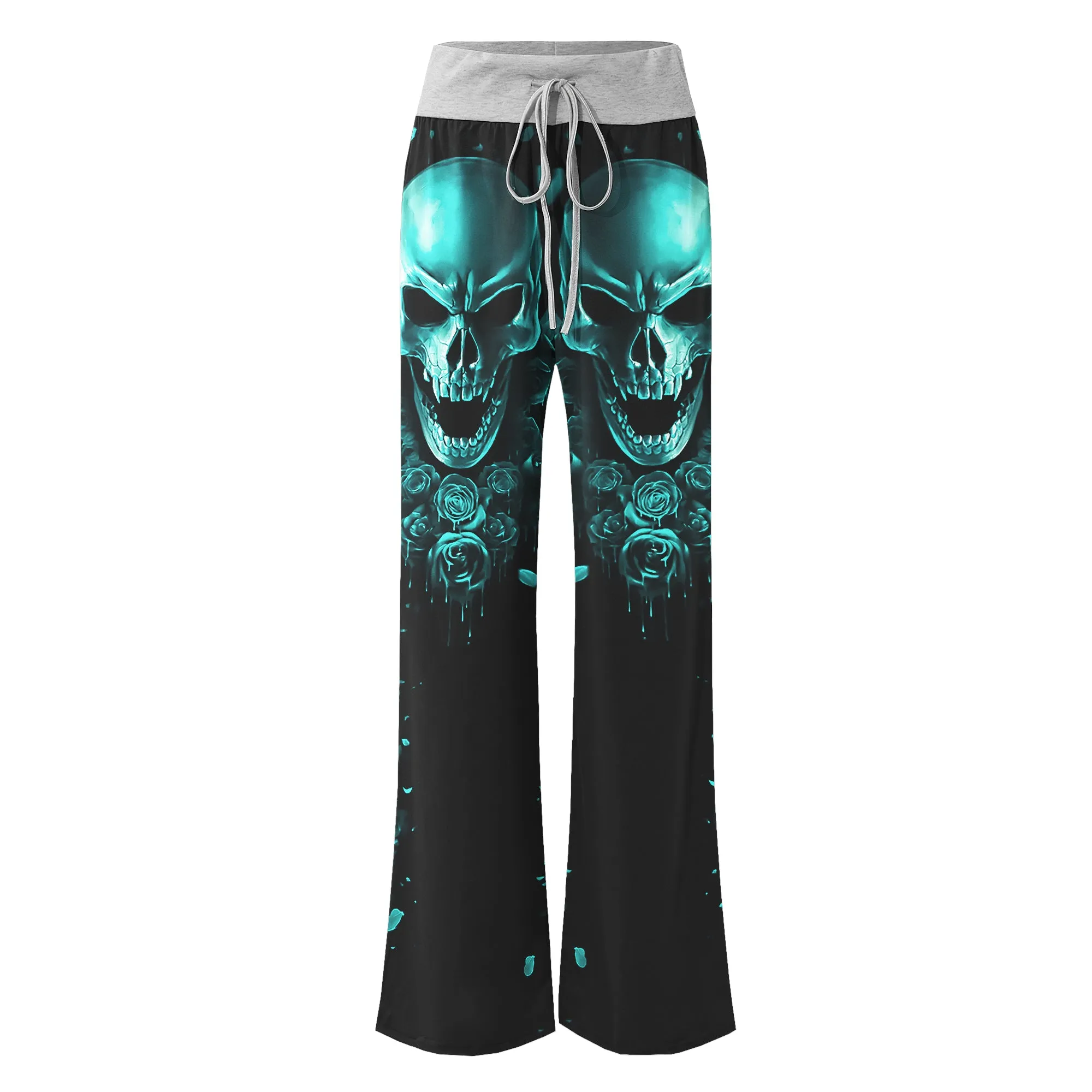 Cyan Skull Abstract Rose Women's High-waisted Wide Leg Pants