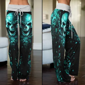 Cyan Skull Abstract Rose Women's High-waisted Wide Leg Pants