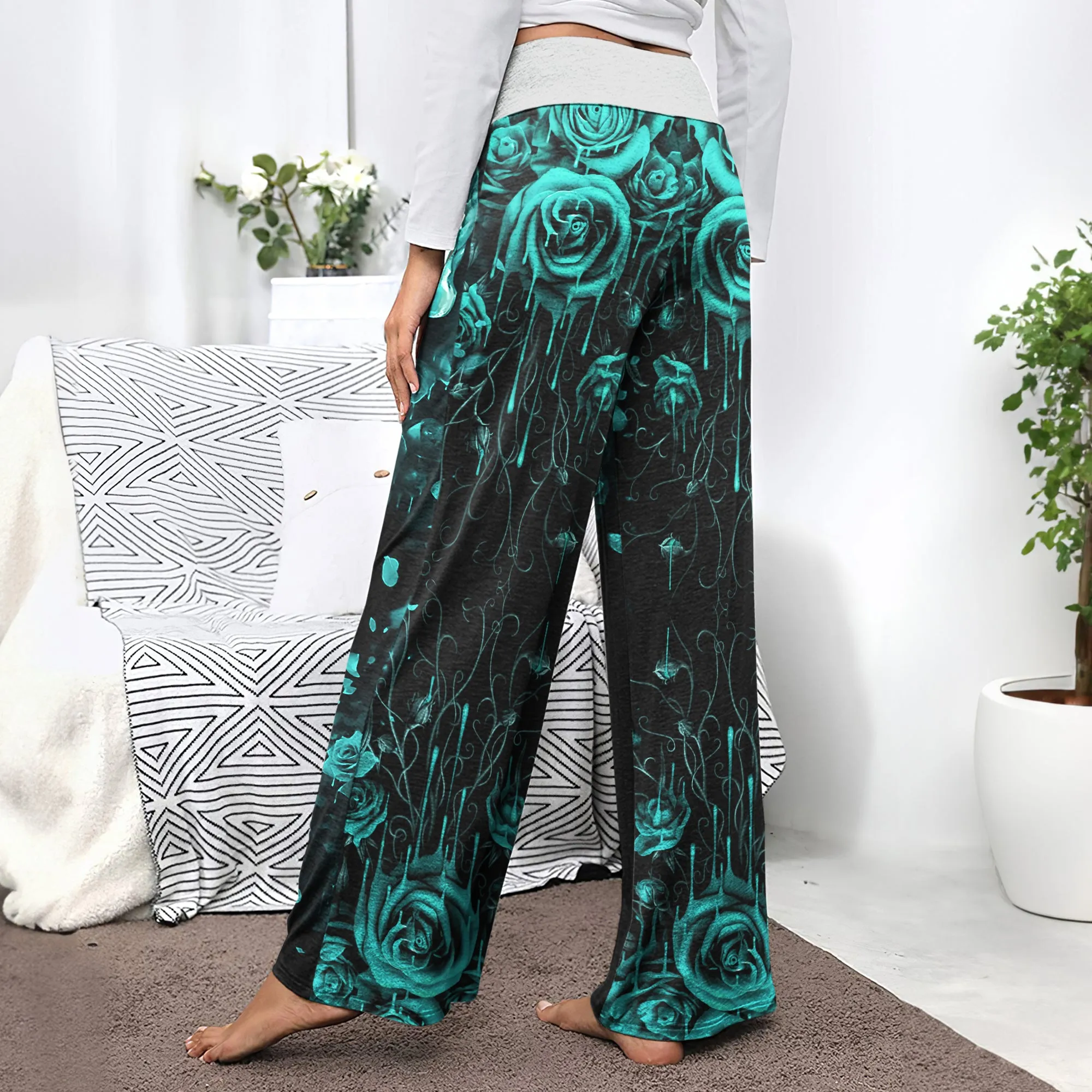 Cyan Skull Abstract Rose Women's High-waisted Wide Leg Pants