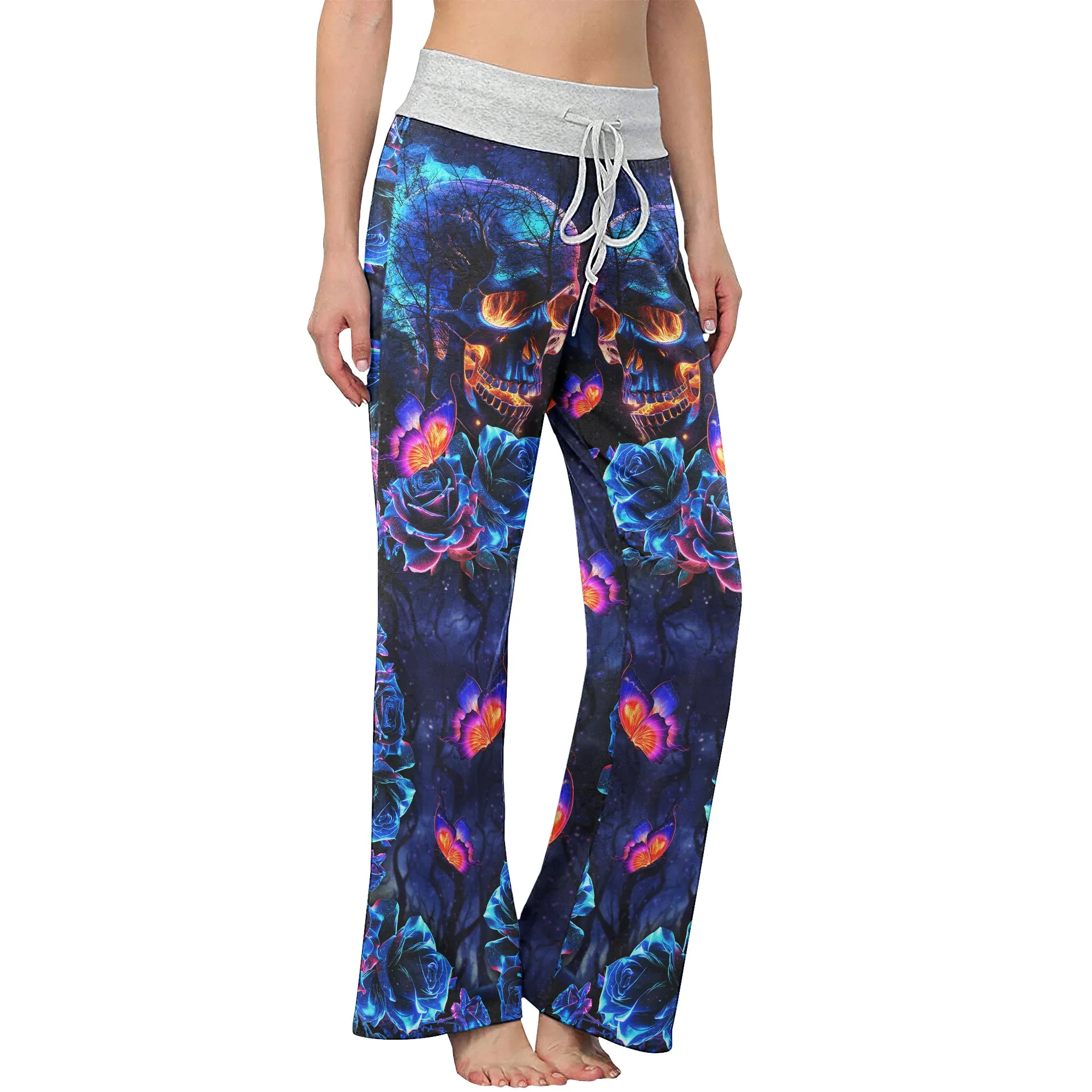 Dark Blue Effect Skull Women's High-waisted Wide Leg Pants