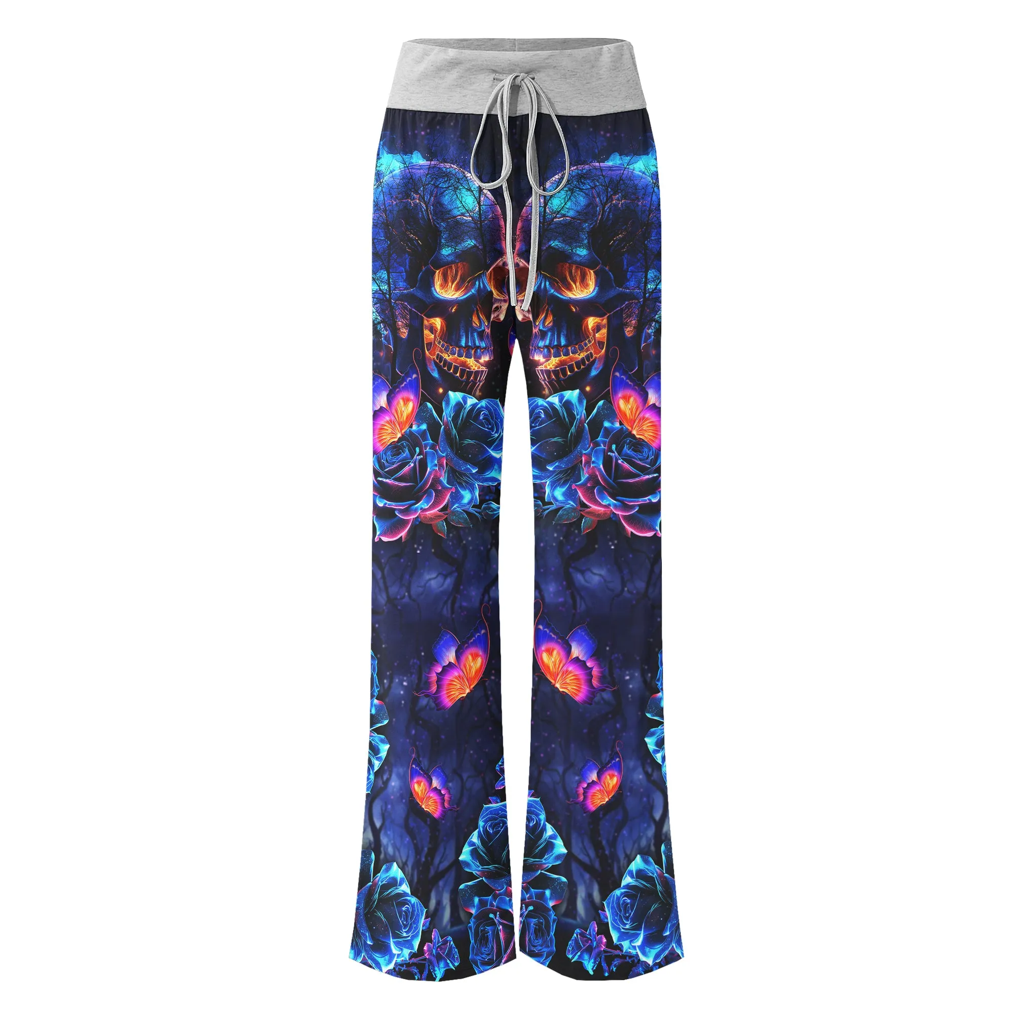 Dark Blue Effect Skull Women's High-waisted Wide Leg Pants