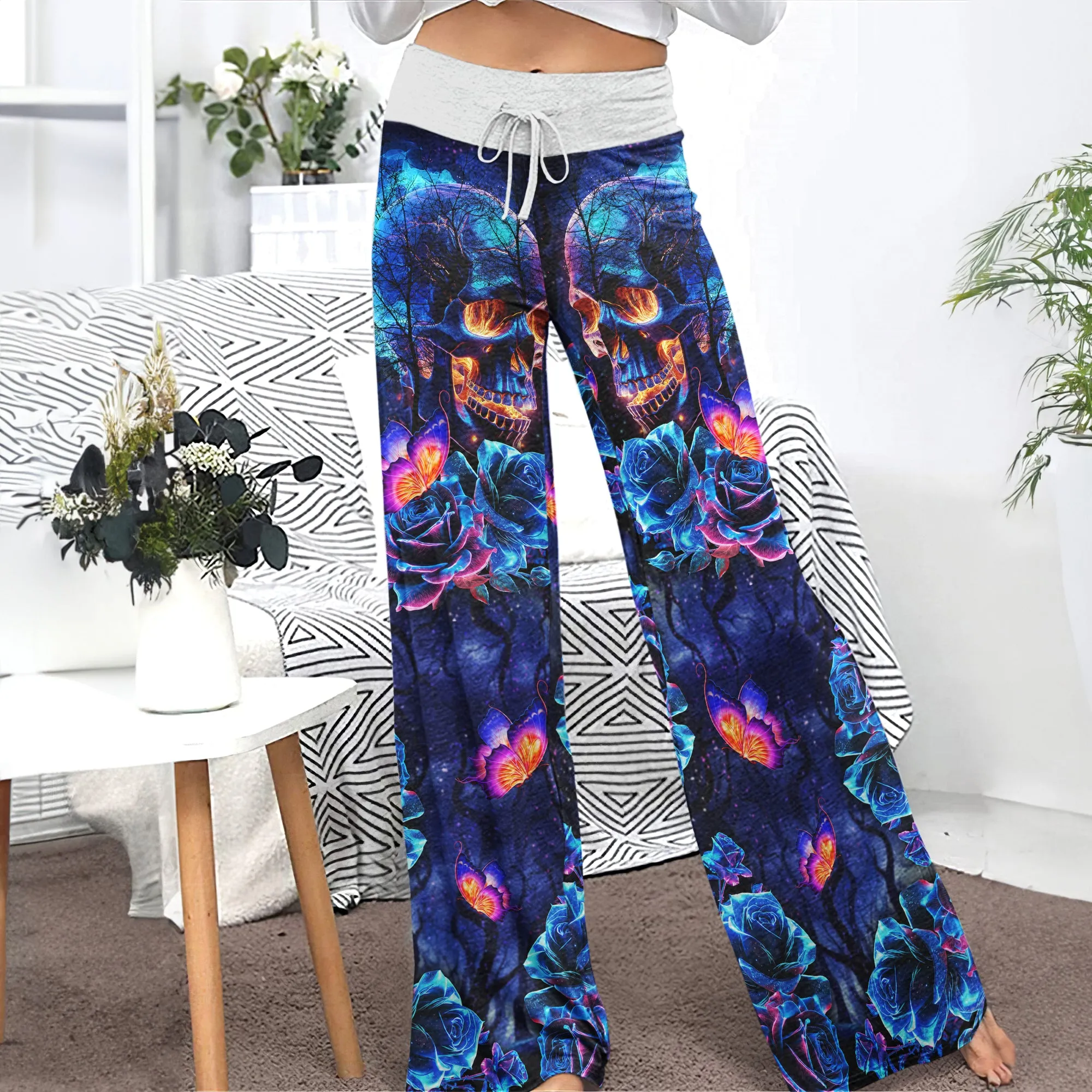 Dark Blue Effect Skull Women's High-waisted Wide Leg Pants