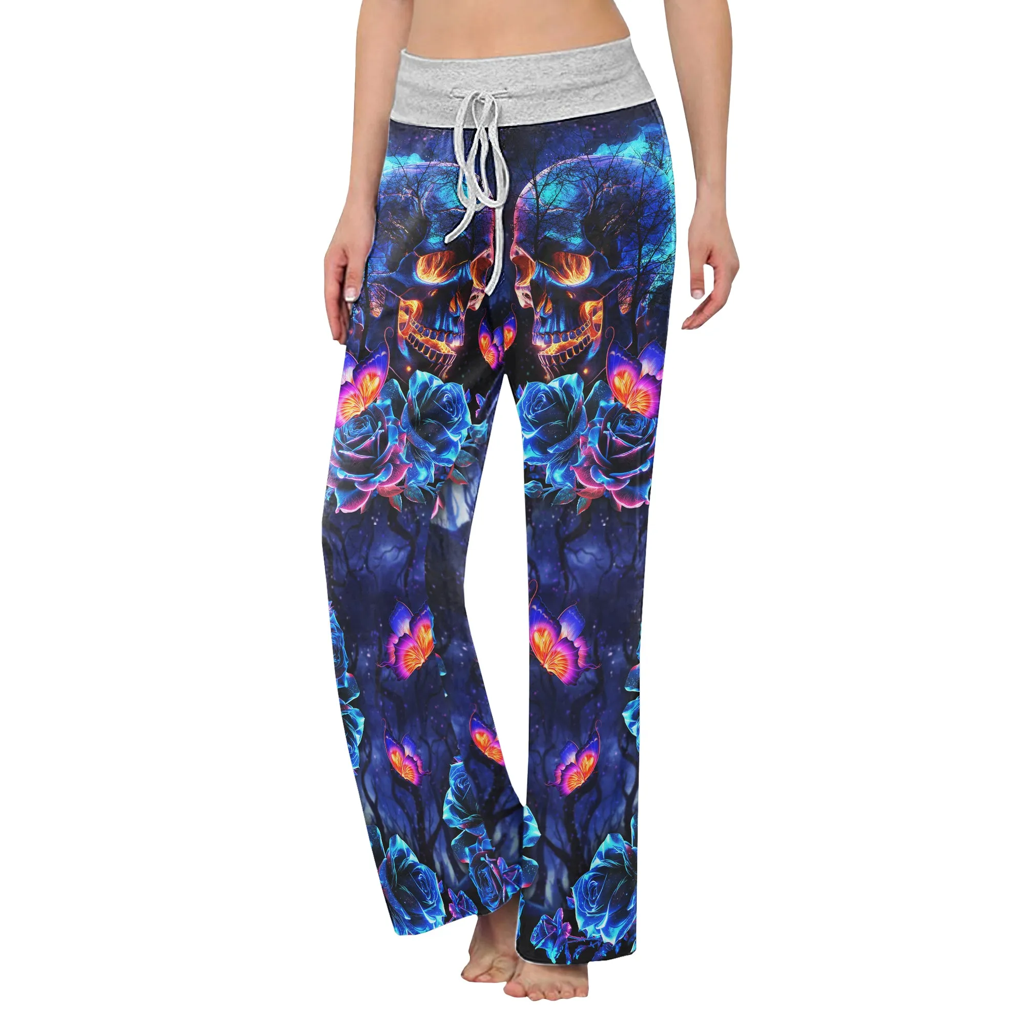 Dark Blue Effect Skull Women's High-waisted Wide Leg Pants