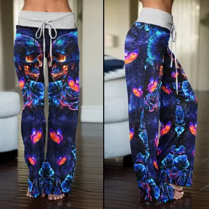 Dark Blue Effect Skull Women's High-waisted Wide Leg Pants