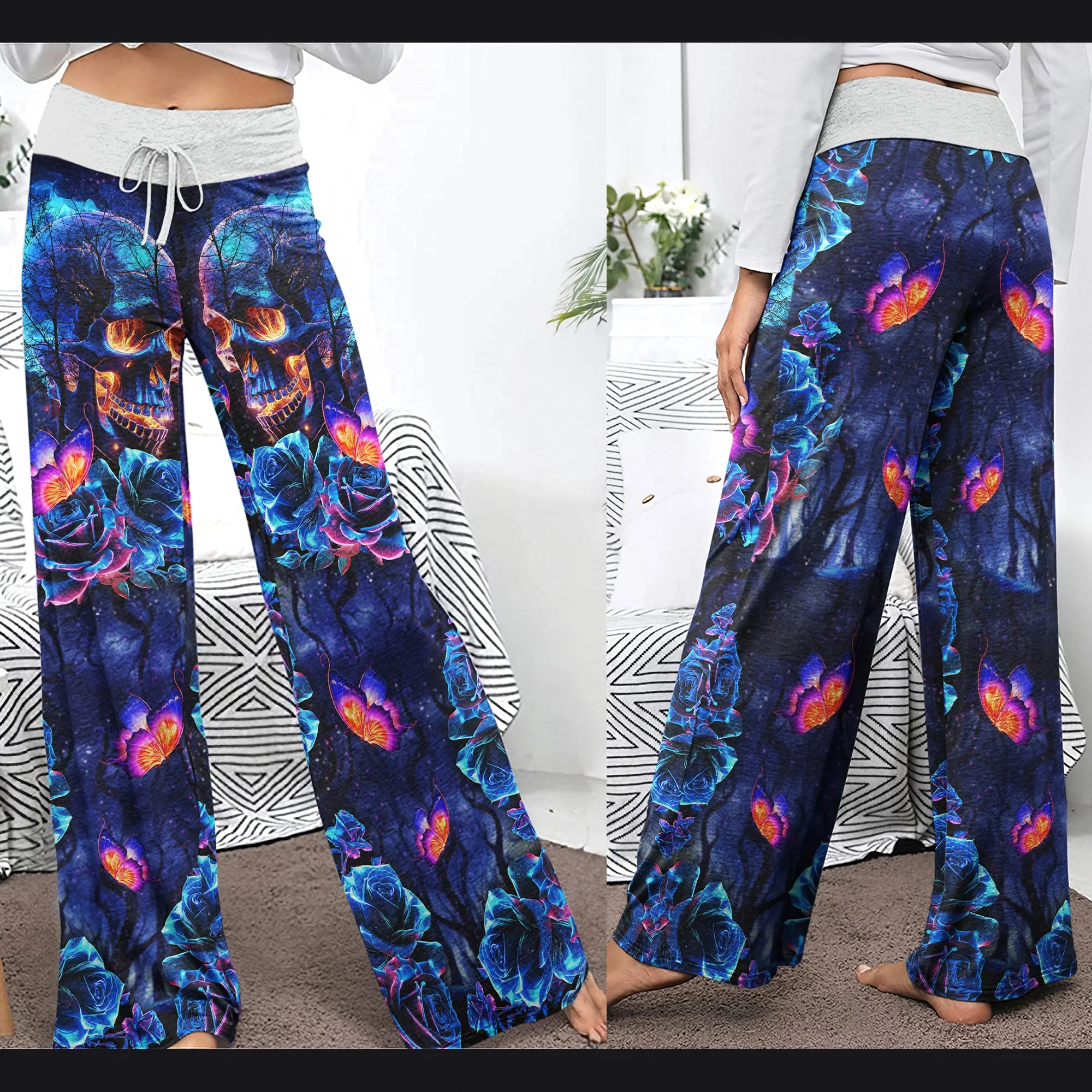 Dark Blue Effect Skull Women's High-waisted Wide Leg Pants