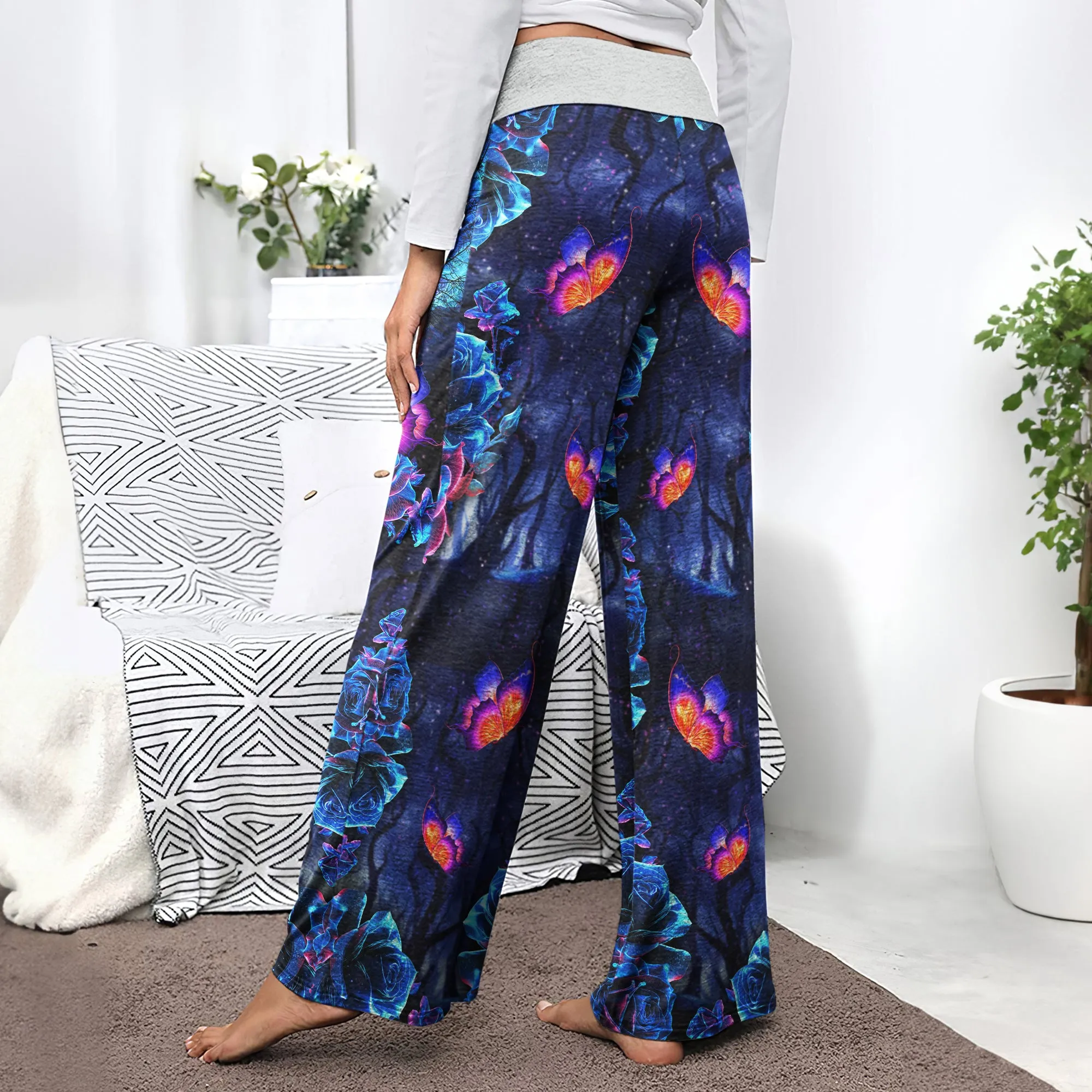 Dark Blue Effect Skull Women's High-waisted Wide Leg Pants